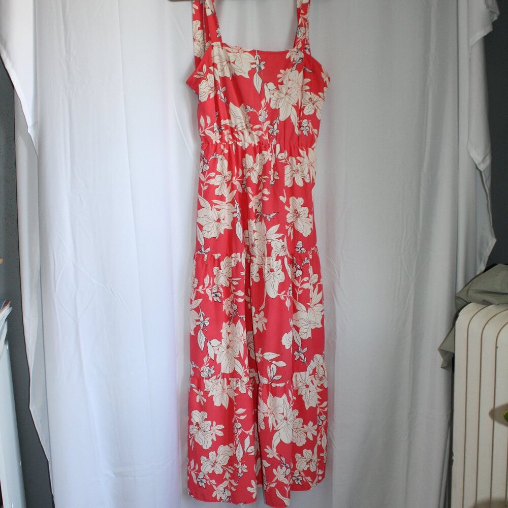 Social Standard by Sanctuary Coral Floral Tiered Maxi Dress Tie Straps Smocked M